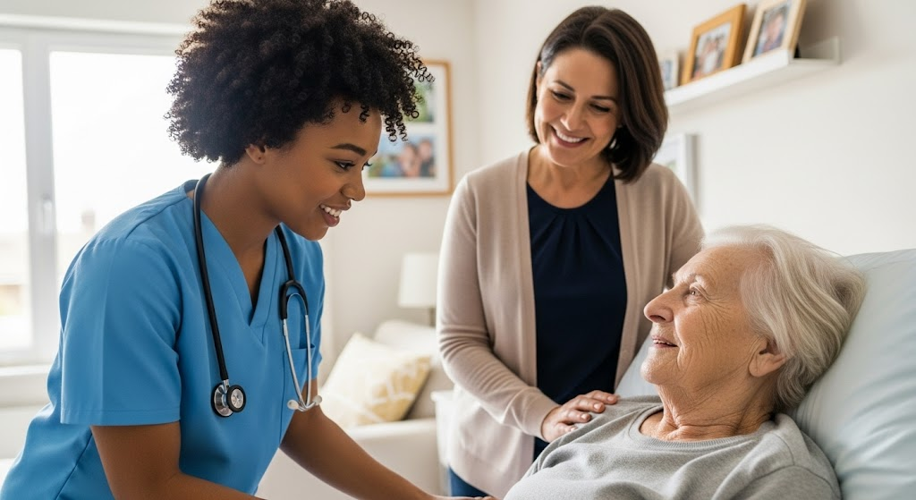 Home health nurse walking toward a patient's home