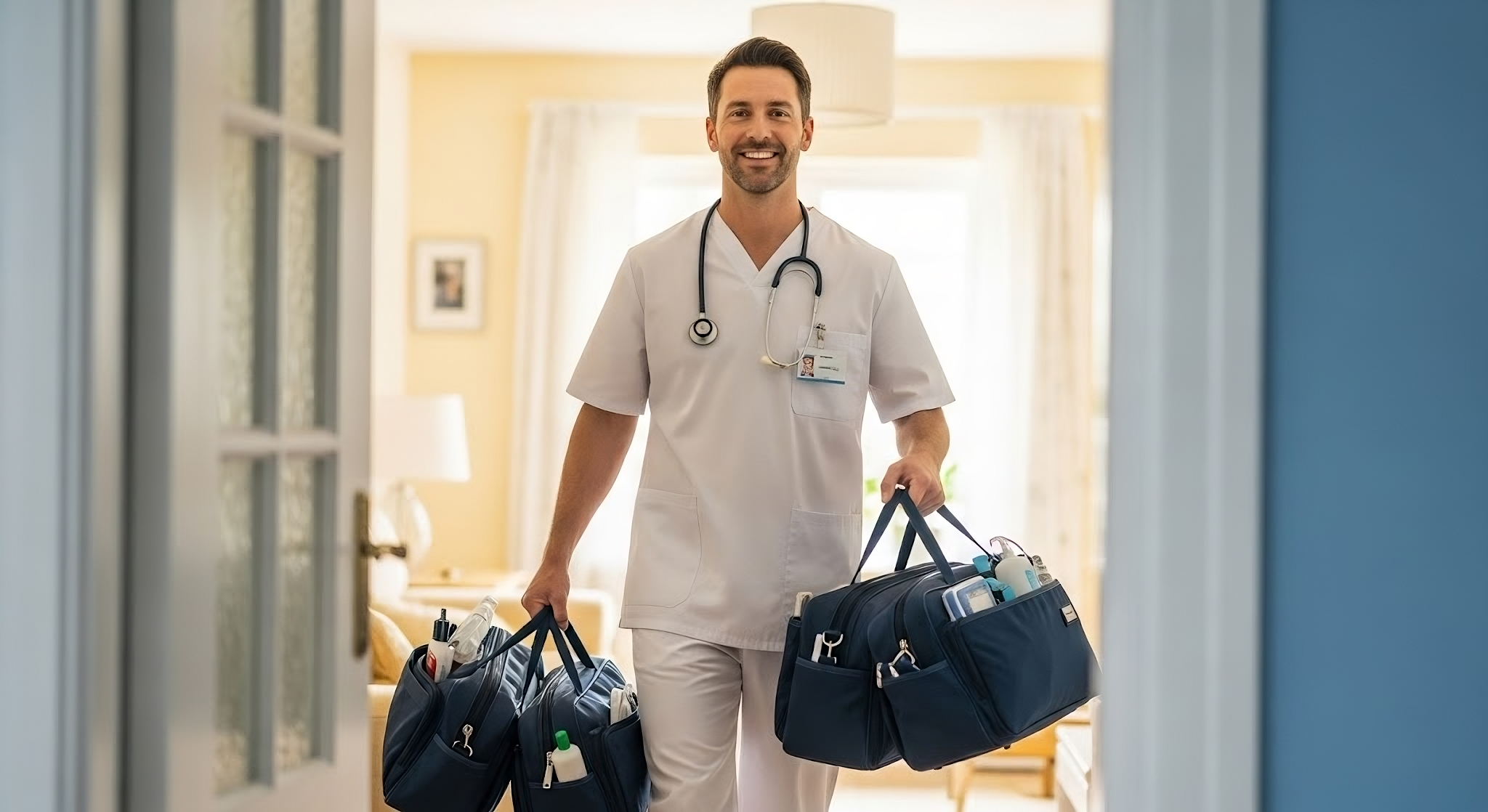Home health nurse walking toward a patient's home